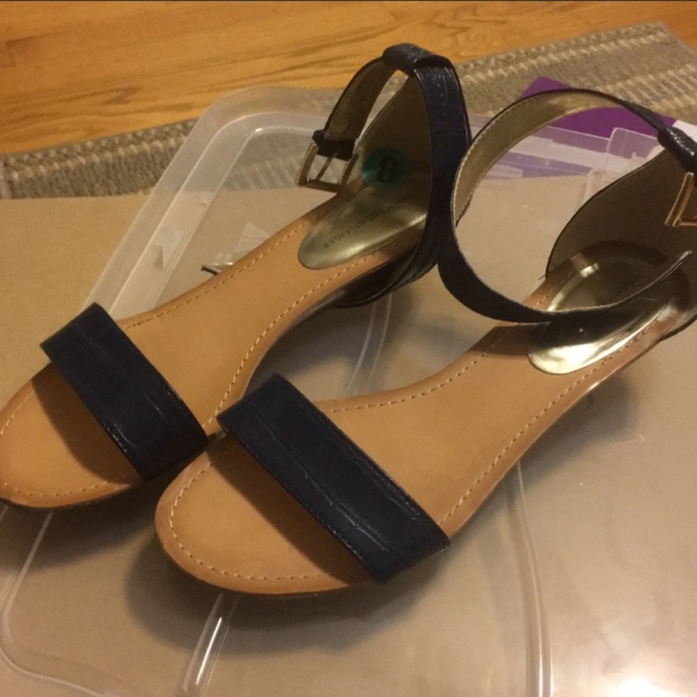 Navy and tan wedges